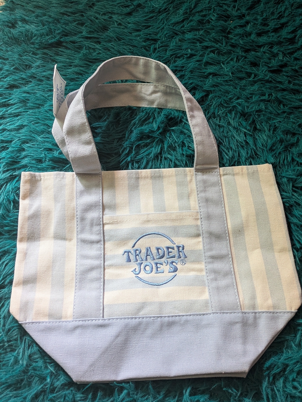 NWT Trader Joe's Mini Pastel Striped Canvas Tote Bag Light Blue Cream Limited